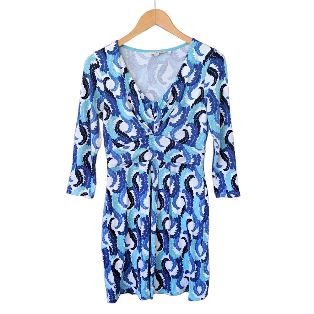 Boden Marion Blue Leaf Print Jersey Tunic Mini Size 4 V-neck 3/4 Sleeve - Picture 9 of 13